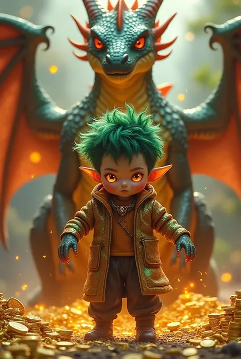  A four-year-old boy with rowdy green hair ,  with eyes without sclera that glow orange-red,  has evan-colored scales surrounding his arms , While behind him ,  there is a drake a giant fire-breathing lizard without wings ,  that you protect him with thous...