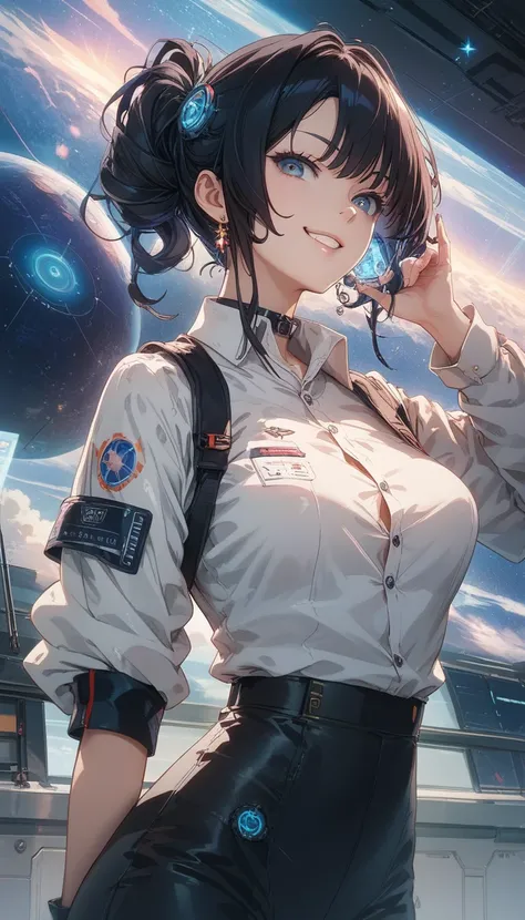 A futuristic anime girl with long, straight black hair cascading down her back, dressed in a sleek white button-up shirt with high-tech buttons that glow softly. She stands with one hand resting on her collar, her gaze directed toward the viewer with a sli...