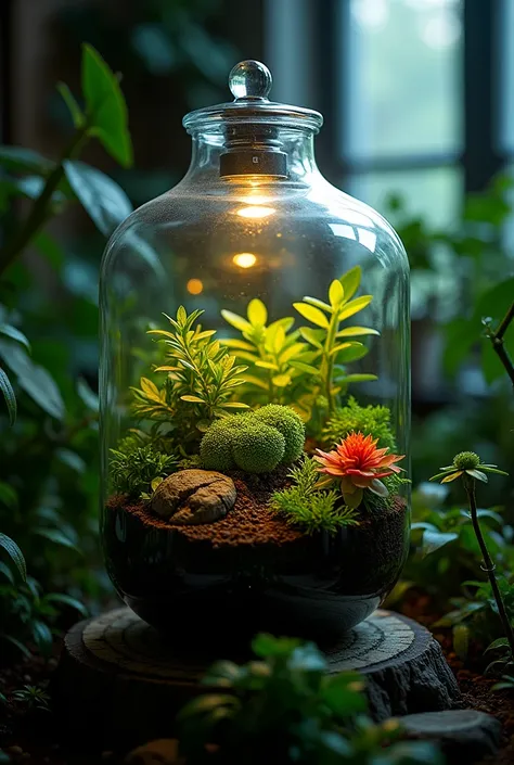 a beautiful terrarium close-up on a dark green background. Nice contrast, darker environment, warm light inside the terrarium. Macro shot, Nikon.