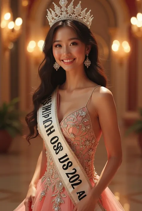 a beautiful Korean woman, sweet smile, taking part in the Miss Univeres competition, wearing the most luxurious dress, crown, wearing a cloth sash that says MISS ESS 2024, with an elegant and beautiful style, model competition stage background, with luxuri...