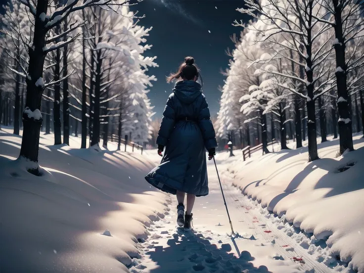 Girl walking in the snow 、 footprints in the snow have color、アン real エンジン、Art Station、4K、 high definition 、 real、 photorealistic、 surrenders、 detailed snow textures 、Snowflakes、whole body、 intricate details、 bright color、Dramatic lighting、 cinematic compos...