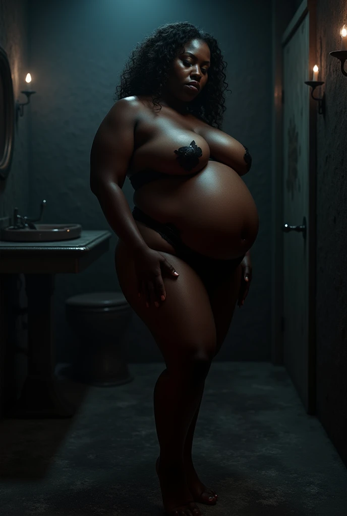 Make a cubby thick curvy ebony with ovrr sized boobs seductivly stipping. Shes in a dungeon room like 50 shades of grey