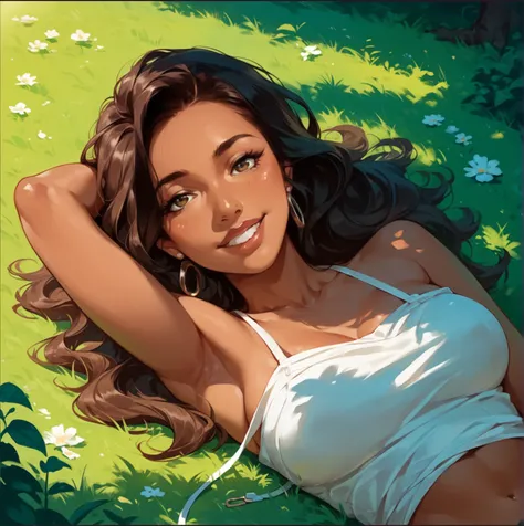 1 character,  mature woman, solo,  sunlight , at home on the carpet, in the hall , at home , in half, 1 girl,  dark-skinned latina  ,collar, anime , cartoon,