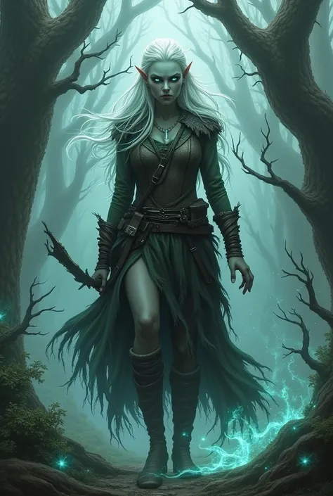 An undead hunter elf girl from middle ages  with magic surroudings