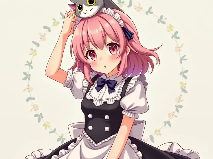 Close up of a person in a dress putting a cat on their head,  cute anime wife is wearing a nice dress,  maid outfit ,   Anime girl, anime Full body illustration, Magical Girl Style,  cute anime character design , clear Costume Design,  maid outfit を着たアニメの猫...