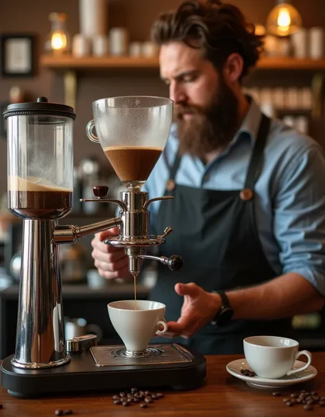 retro, coffee shop, Syphon coffee maker, shopkeeper, beard, apron, brewing coffee, counter view, coffee beans, coffee cups, vintage, charming, nostalgic, cozy, authentic, warm, inviting, elegant, well-groomed, bygone era, close-up view, assortment, ambianc...