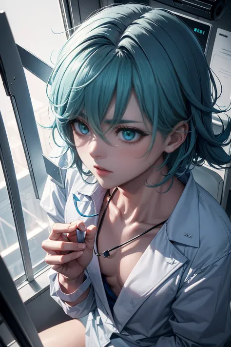 1 man, MALE, FEMBOY, solo androgynous male, soft delicate features, male, beautiful femboy, fully clothed in a hospital gown, penis bulge, messy blue gray hair, pale, green eyes, button nose, scared expression, sad, in a scary lab cage, blood splatters on ...