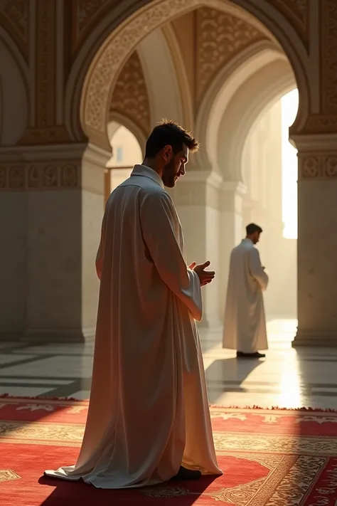 Create a serene and respectful depiction of Lionel Messi as an imam, wearing traditional Islamic prayer attire, leading a prayer in a peaceful mosque setting. Behind him, Cristiano Ronaldo is shown as a mamoom, also dressed modestly, standing in the prayer...