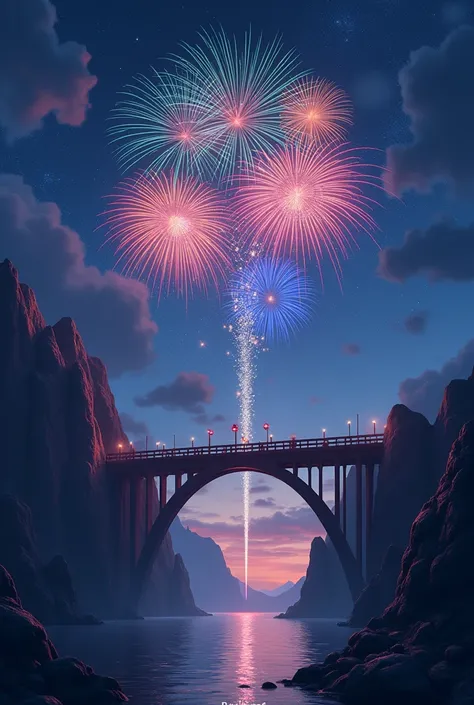 Generate a image of a bridge going upward to the night sky and fireworks 