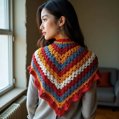 Nice shawls design crochet with wool new design on wool shawl and separate design red , golden, blue ,white color full view pic full room view zoom out on girl head