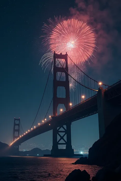 Generate a image of a night where bridge is going upward to the sky and fireworks 