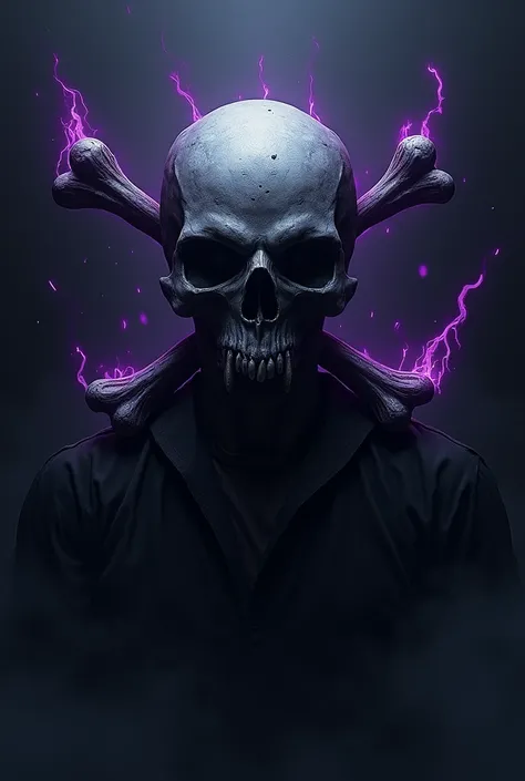  Create a pirate flag with the skull and two bones crossed behind, dark, chaotic, that is scary, with purple ray details 