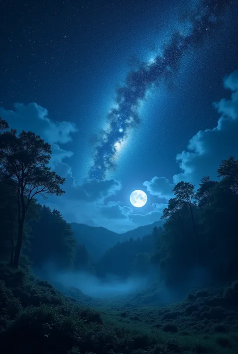 The blue Milky Way　 starry sky 　 full moon　forest
