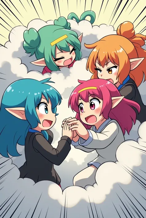 An anime-style comic depicting many elf-girls playfully wrestling with each other inside a bed comical fight cloud(fairytale cloud).
each elf-girl has different  colored hair.
their faces,hands,and feet are visible emerging from the cloud as they tussle hu...