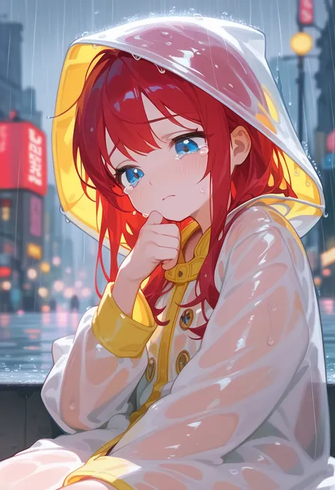 masterpiece, best quality, ultra detailed,girl,red hair,long hair,blue eyes,sad, tearful, sitting, looking down, raincoat, in the city, with rain, cute, kawaii