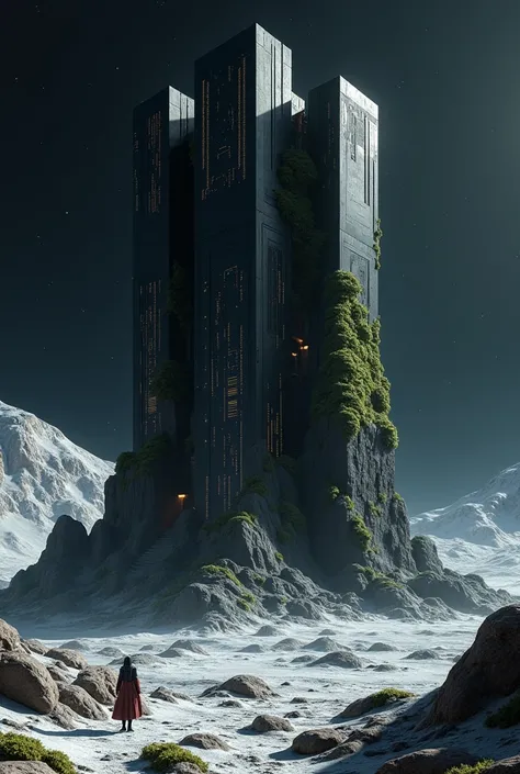   to make a futuristic lunar scene  &#39;surface. 在surface建造一座城堡/ A huge black fortress ， use futuristic geometric shapes ， The walls are covered with moss and vines, Show off technology .  Make night scenery  .