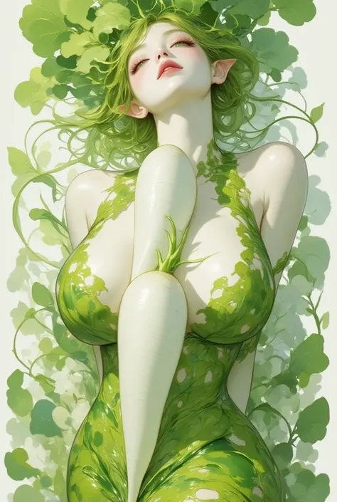 Portrait of daikon lady in green bodysuits. bare shoulder, beautiful clavicle, green leaves long hair, pointy ears, pure white shiny skin, big breasts, cleavage, Half Closed eyes, glossy lips, bewitching smile while putting a long white radish between her ...