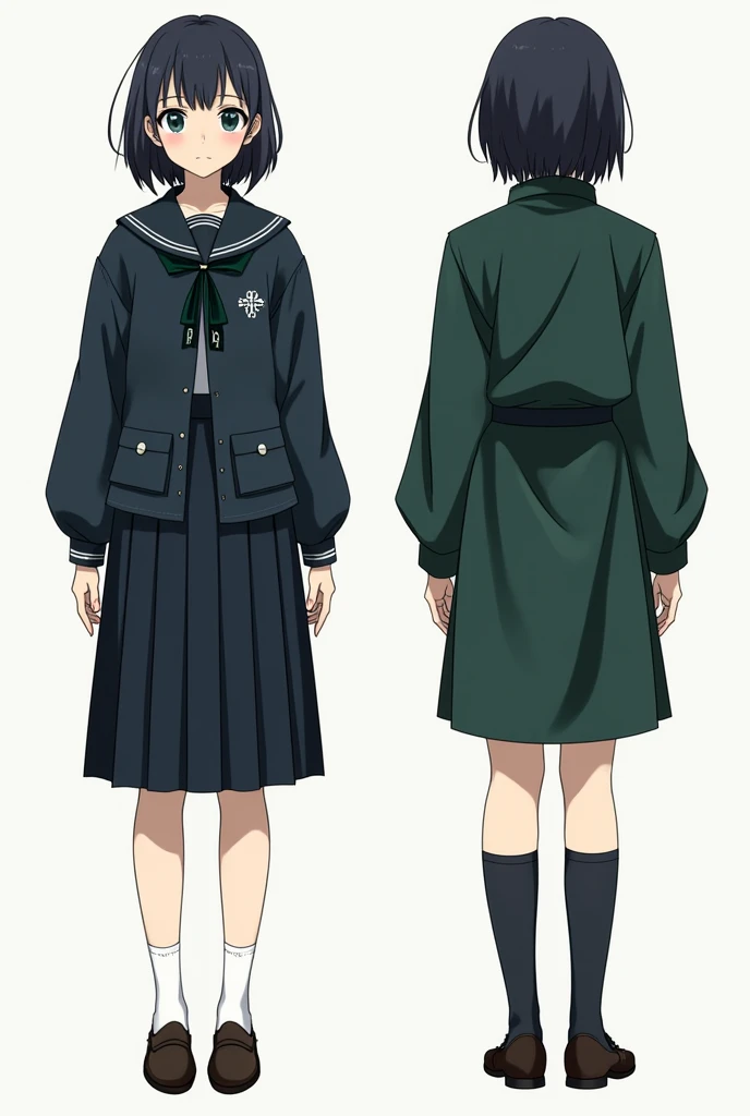 "Create a balanced set of Japanese high school uniforms inspired by the Cthulhu Mythos, equally representing both male and female students. Design two full-body uniforms with front, back, and side views.
Female Uniform: Sailor-style top with pleated skirt
...