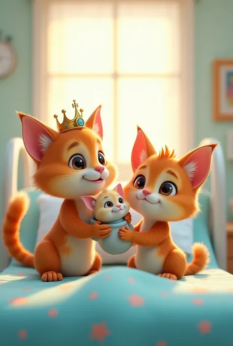 Queen  Cat  admited in hospital.
The king cat have new 1 day cute kitten in his arm 3d cartoon animation 