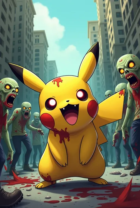 So many zombies that fill the city、 comical 、Pikachu turned into a zombie in the foreground、