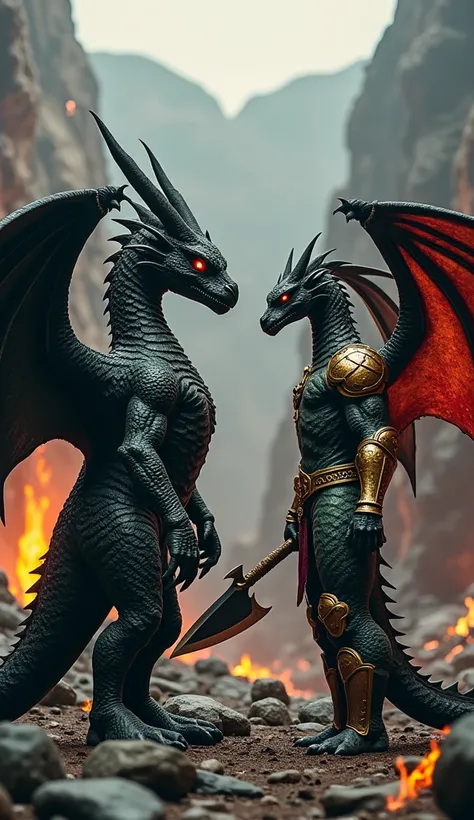 Realistic style photo, full body of a dragon and a humanoid warrior standing face to face in a volcanic landscape background. The dragon has obsidian scales, glowing eyes, and spreads its wings with a fierce expression, while the humanoid warrior is clad i...