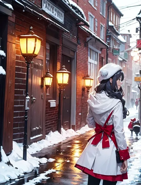 A street is full of snow, A happy girl wearing a Christmas hat