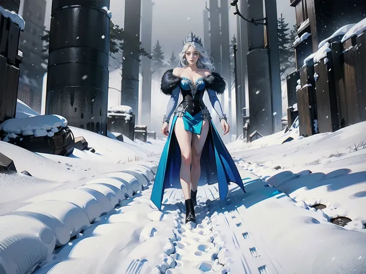 a snow queen walking in the snow, footprints in the snow with color, unreal engine, art station, 4k, highres, realistic, photorealistic, surreal, detailed snow texture, snowflakes, full body, intricate details, vivid colors, dramatic lighting, cinematic co...