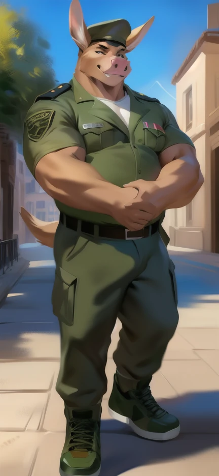 Solo, big male ,huge​ body​,​ Standing ,Holding a short sword like a ninja,barrack,big pig kangaroo ​,Green military sergeant uniform , Wear combat shoes, overweight, muscular, Smirking , by chunie