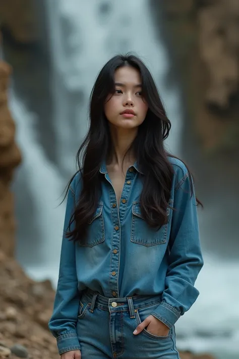 realistic photo,  Asian girl with long hair ,  wearing jeans shirt , jeans, dry waterfall background or no water