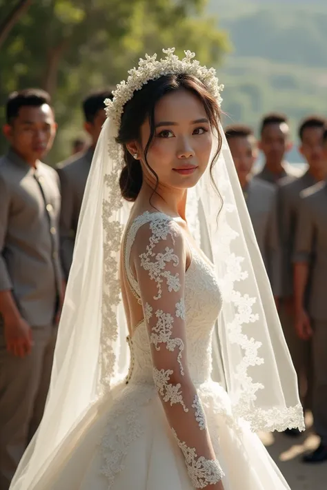 Asian brides wedding photos are a visual feast of emotion and breathtaking beauty. The bride, usually adorned in a radiant pure white wedding gown, is intricately detailed with lace, chiffon, or delicate embroidery. The gown, with its high-resolution textu...