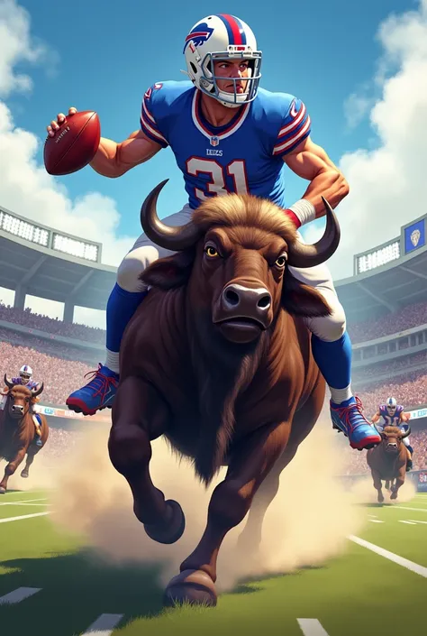 A digital illustration of Buffalo Bills quarterback Josh Allen riding a charging buffalo."
Creative and Engaging:

"Capture the raw power and determination of Josh Allen as he leads the Buffalo Bills to victory, riding a majestic buffa