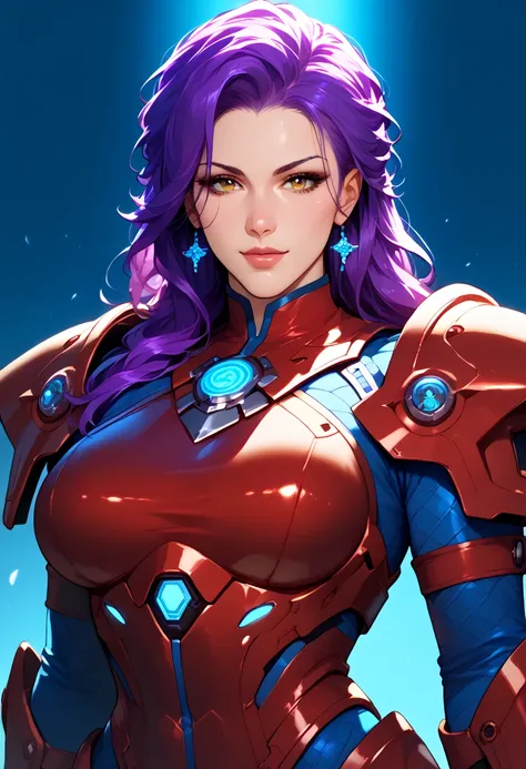 score_9, score_8_up, score_7_up, beautiful, perfect eyes, confident warrior with spiky purple hair, dressed in heavy futuristic armor with glowing blue accents, large bust, anime illustration style, waist-up, dynamic lighting, minimal background