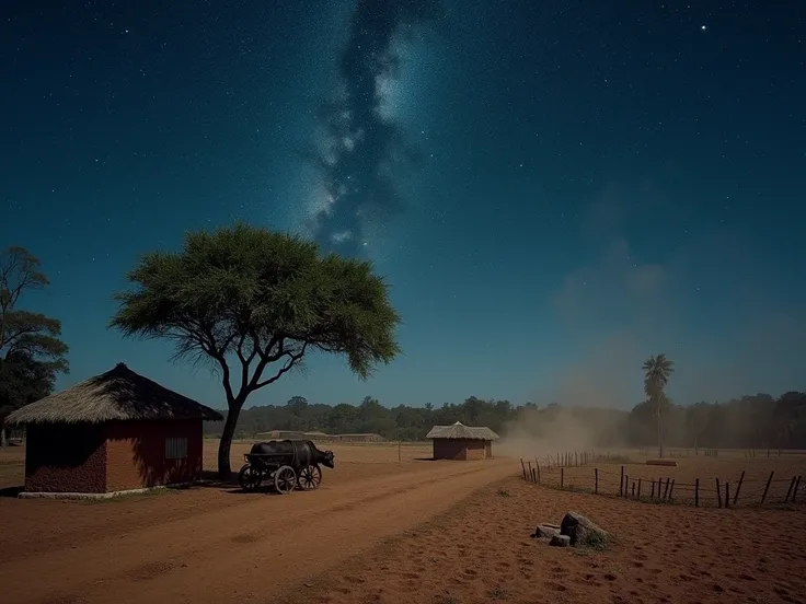  The setting portrays the vastness of the Brazilian hinterland under a starry sky .  Simple clay houses thatched roofs are scattered across dry and cracked terrain ,  while wooden fences delimit small abandoned plantations .  An oxcart rests in the shade o...