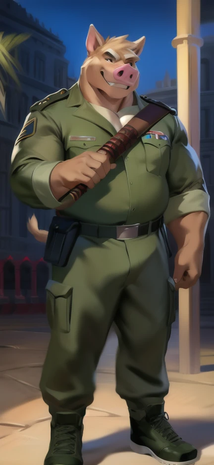 Solo, big male ,huge​ body​,​ Standing ,Holding a sword as a ninja warrior,barrack,big pig ​,Green military sergeant uniform , Wear combat shoes, overweight, muscular, Smirking , by chunie