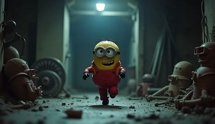 "Create an image of one of the small humanoid minion workers, wearing red paramedic overalls and protective goggles, running in fear to escape the dark, ominous basement of the mansion. The worker is looking over his shoulder in panic, as if trying to evad...