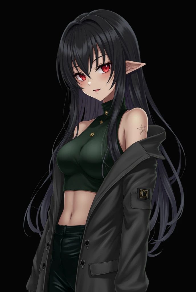 Anime girl, red eyes, fangs, long, black hair with grey streaks, fantasy ai style
Pale skin with a faintly luminous quality, high quality, retractable claws, feminine, athletic body build.
Angular and symmetrical face, faint beautiful scar across her left ...