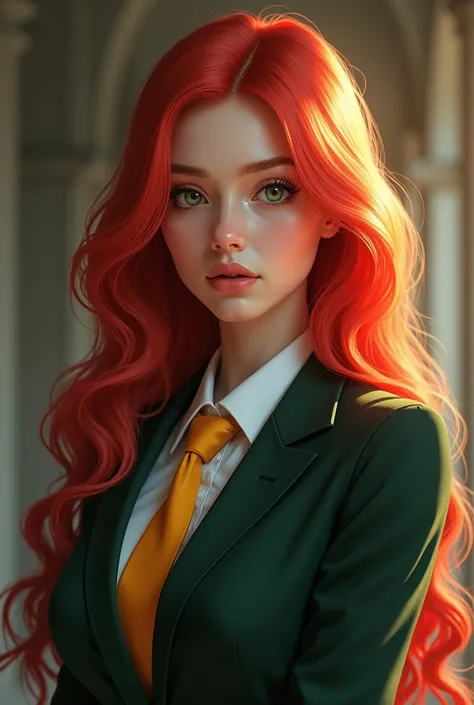 UA student in uniform red and gold hair with green eyes slim but curvy body