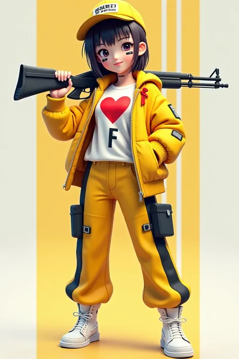 3d anime, beautiful and cute asian woman, yellow jacket with open zipper, white shirt with red heart and letter F inside, short hair, two black lines on the cheeks like a soldier, Wearing yellow pants with black stripes, white shoes, holding a weapon, the ...