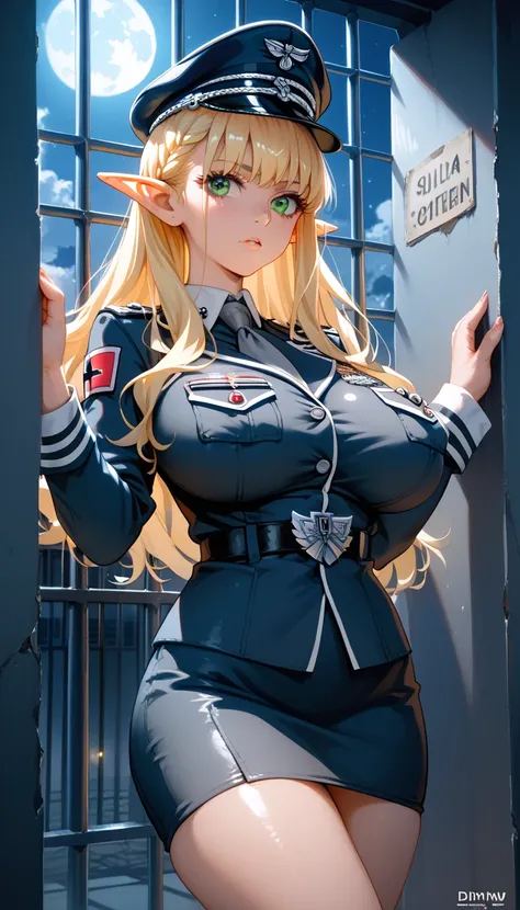 sfw, masterpiece, Best Quality, High resolution, detail hands, detail fingers, detail face, detail leg, perfect lighting, Glossy skin, (1girl, solo, detail girl, 20years old girl), cute girl, (A nazi German, SS uniform), (elf), (blond hair, green eyes, hug...