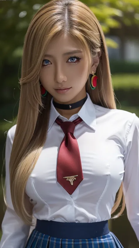 masterpiece,  top quality,  high definition , Kitagawa Marin,  1 girl ,  blonde hair ,  long hair,  multicolored hair , red eyes,  jewelry,  earrings for a woman alone,  piercing above spo,  school uniform ,  white shirt,  shirt with tie ,  black choker to...