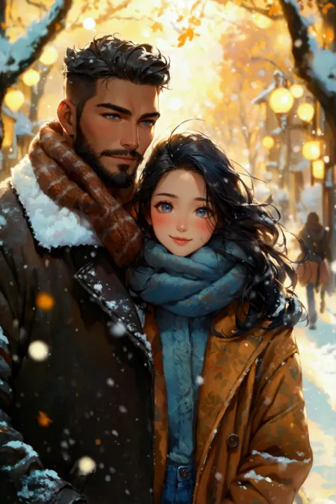 Create a scene of winter colors in which a happy couple is walking arm in arm on a lane. An muscular Caucasian man in his thirties with short coiffed hair and with neatly groomed beard is dressed in a letterman jacket and jeans, while his beautiful Asian g...