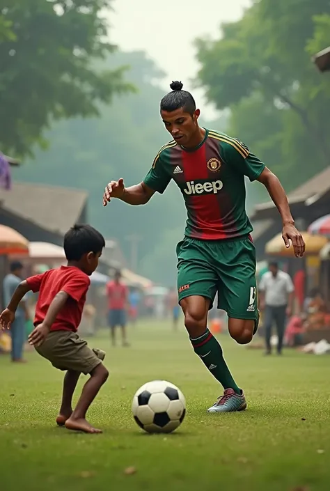 Cristiano Ronaldo play with a bangladeshi street boy in a village field which is situated besides a river and village market .