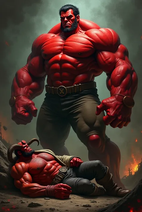 A red hulk standing and a hell boy sleeping in front of red hulk