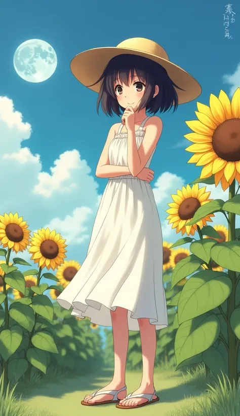 masterpiece,  top quality,  high definition ,  very detailed,(((黒髪の可愛い女の子))), ((( Japanese anime ))), ((( short hair))), ((( Straw Hat ))), ((( white dress))), ((( white sandals))), (((Outdoor))), ((( moon))), (((Pretty girl with dark hair against a sunflo...