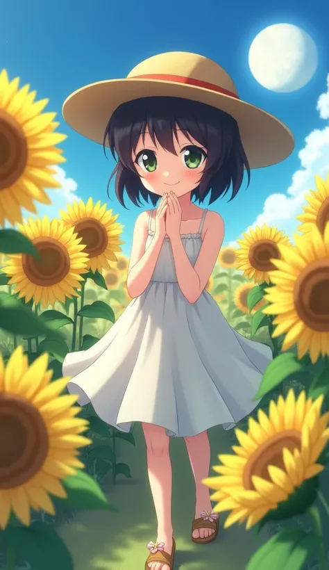 masterpiece,  top quality,  high definition ,  very detailed,(((黒髪の可愛い女の子))), ((( Japanese anime ))), ((( short hair))), ((( Straw Hat ))), ((( white dress))), ((( white sandals))), (((Outdoor))), ((( moon))), (((Pretty girl with dark hair against a sunflo...