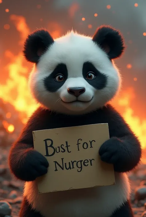 Create a female panda with a sad face and a sign in her hand,  fire background