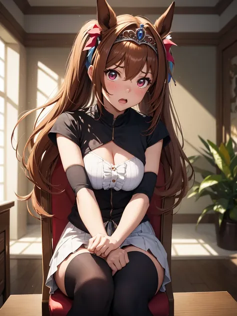 (​masterpiece, top-quality, hight resolution, Unity 8k, extremely details CG:1, Best Picture), 1girl, Daiwa Scarlet (Uma Musume), (((tiara))), brown hair, red eyes, long hair, twintails, (horse ears, horse girl), "A young woman sitting in a brightly lit in...