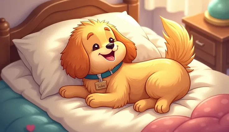 A cartoon golden retriever with a fluffy coat, wagging tail,( belt with a collar named GOLDIE and address) lying into his cozy bed that night( watching at top)
