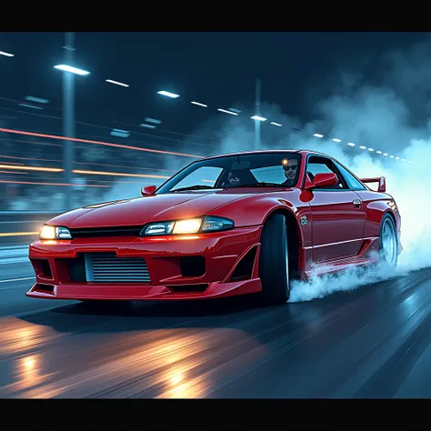 Nissan Silvia,Drift,night,cigarette,Speed Lines,  Stereogram ,  Japanese illustration style,  First Person View , 