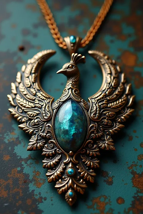 Necklace inspired by the shape of the peacock body with old and ancient designs